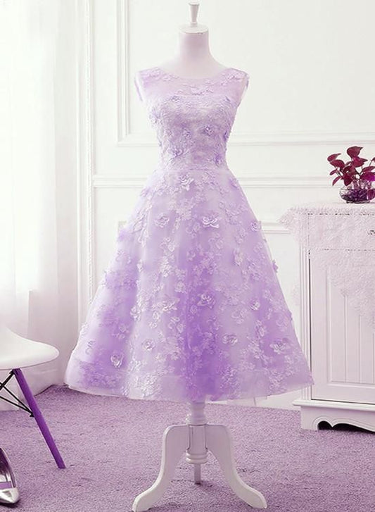 Lavender Lace Tea Length Wedding Party Dress, Vintage Style Homecoming Dress      cg23747