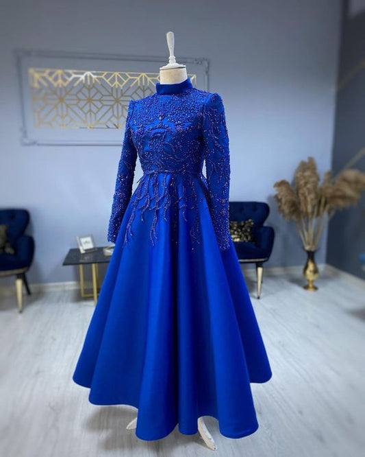 modest blue prom dresses lace emroidery evening dress         cg23788