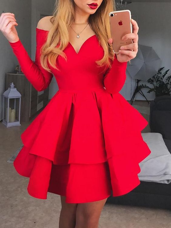 A-Line Crew Neck Long Sleeves Short Red Tiered Homecoming Dress cg240