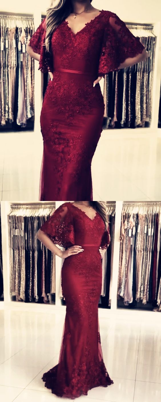 Modest Prom Dresses,Burgundy Lace Mermaid Evening Gown With Puffy Sleeves cg2402