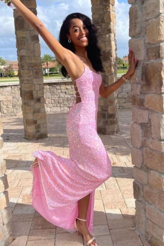 hot pink sequins mermaid long prom dress with side slit and lace up back        cg24127