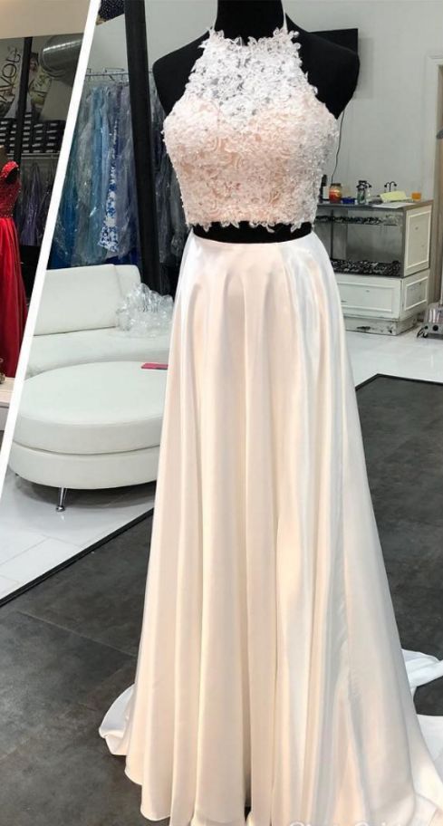 Two Piece Prom Dresses Long,Lace Appliques Halter Neck Prom Dresses cg2417