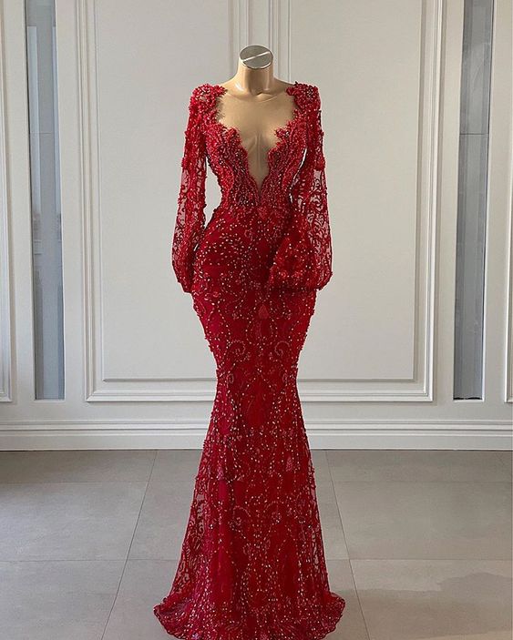 Red Prom Dress long Prom Dresses Long Sleeve Lace Mermaid Evening Gowns      cg24348