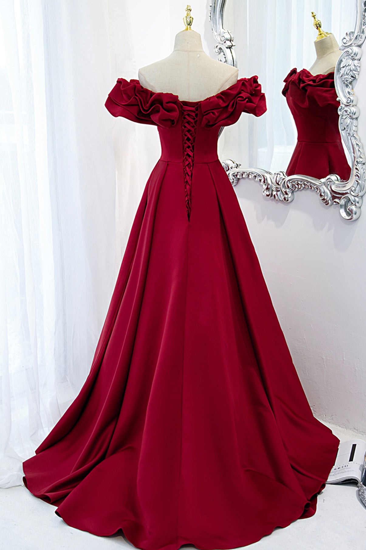 BURGUNDY OFF SHOULDER LONG A LINE PROM DRESS EVENING DRESS       cg24687