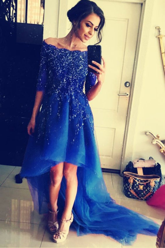 elegant royal blue high low prom dresses with sleeves      cg24772