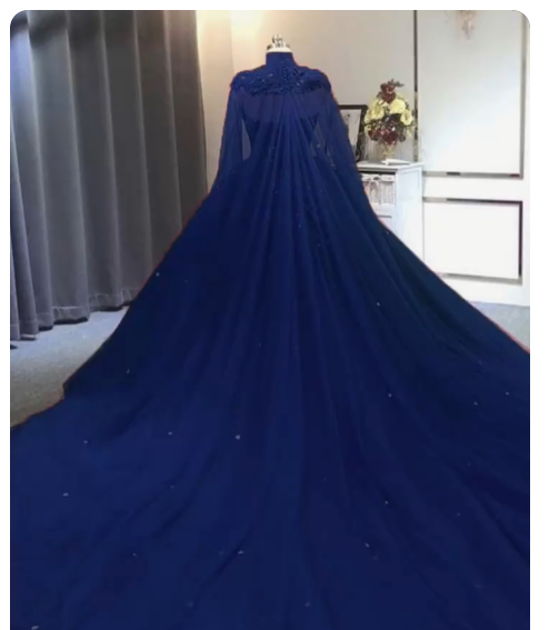 Elegant Lace embroidery tulle beaded quinceanera prom dresses navy blue ball gown with cape   cg24807