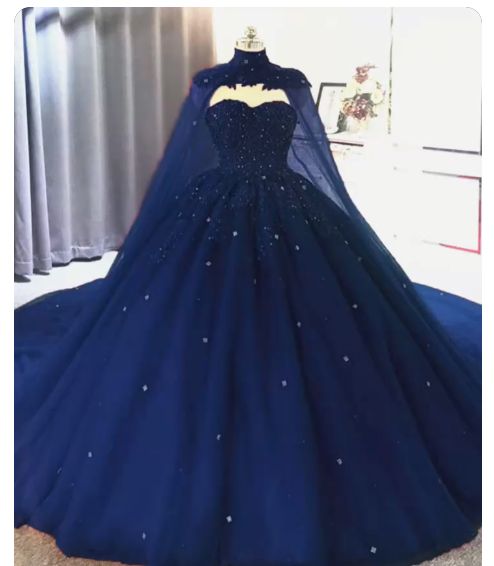 Elegant Lace embroidery tulle beaded quinceanera prom dresses navy blue ball gown with cape   cg24807