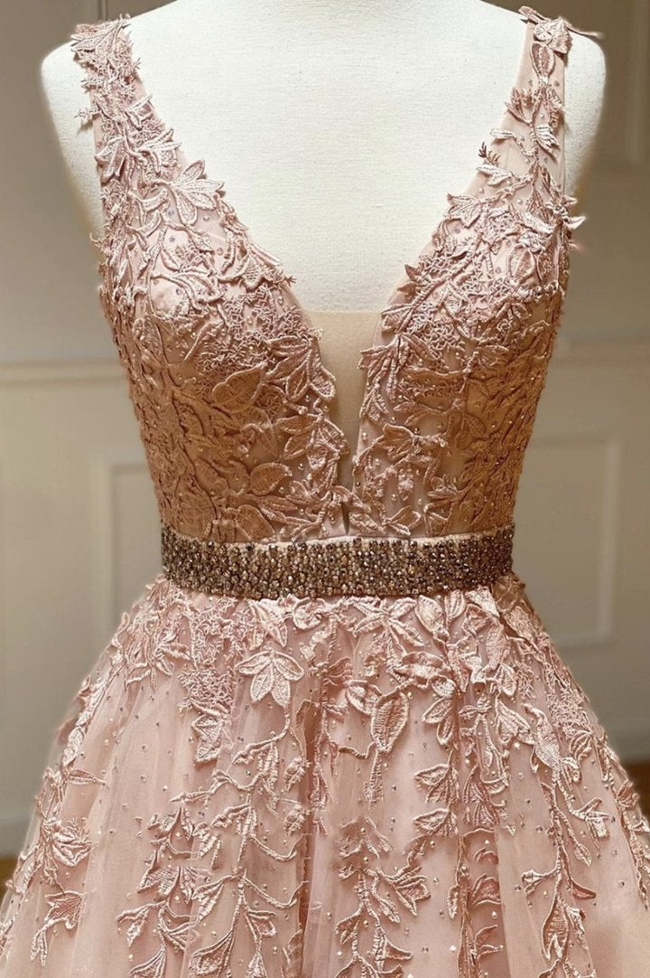 Pink v neck lace long A line prom dress evening dress    cg24811