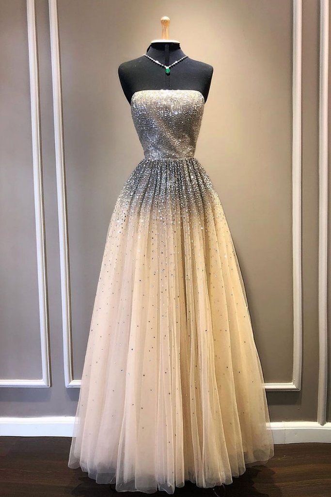 CHAMPAGNE TULLE SEQUIN LONG PROM DRESS, TULLE FORMAL DRESS cg2498