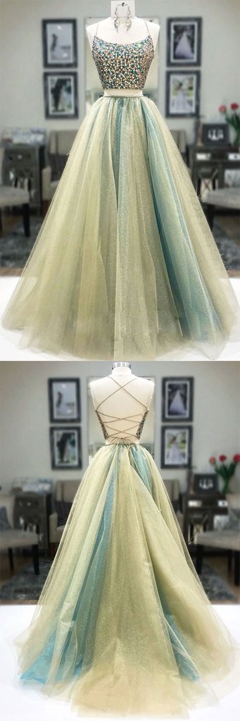 UNIQUE TWO PIECES TULLE BEADS LONG PROM DRESS, TULLE FORMAL DRESS cg2499