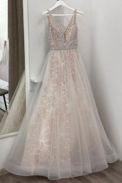 UNIQUE V NECK TULLE BEADS LONG PROM DRESS, CHAMPAGNE EVENING DRESS cg2500