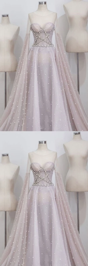 UNIQUE ROUND NECK TULLE LONG PROM DRESS, GRAY EVENING DRESS cg2501