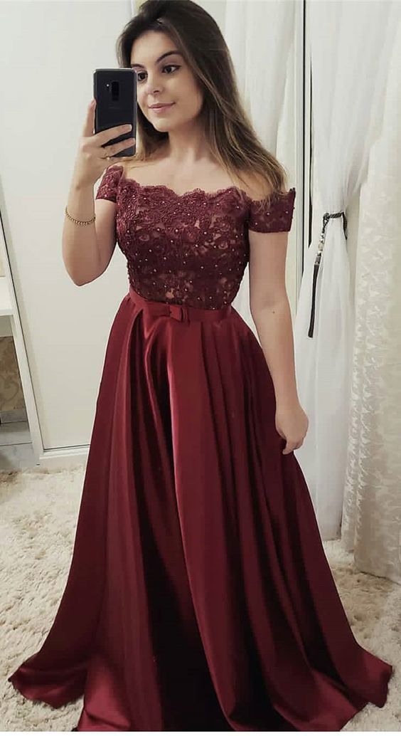 Off the Shoulder Short Sleeves Lace Fancy Prom Dresses Formal Evening Dress cg2519