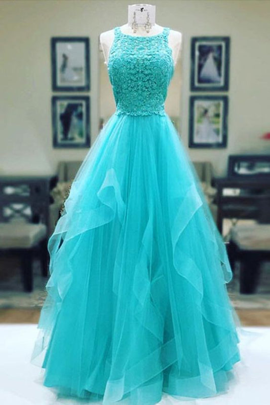 Turquoise tulle long lace prom dress, ruffles evening dress  cg2522