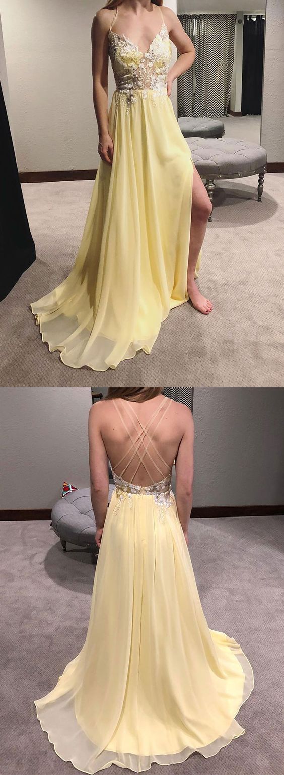 Yellow v neck chiffon lace long prom dress, evening dress cg2531