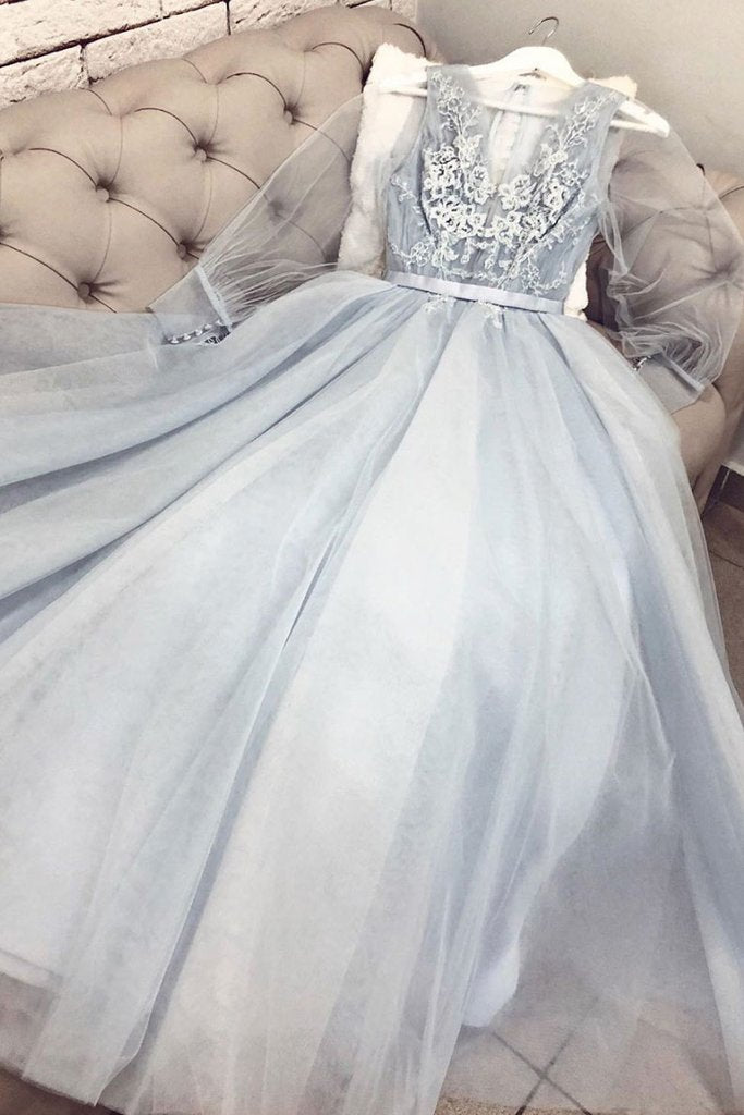 BLUE V NECK TULLE LACE LONG PROM DRESS, BLUE EVENING DRESS cg2540