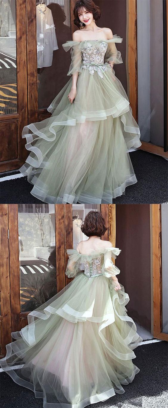 Green tulle lace long prom dress, green tulle evening dress cg2557