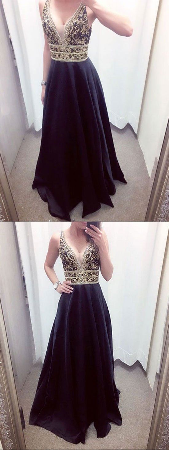 Black v neck beaded long prom dress, black evening dress cg2644