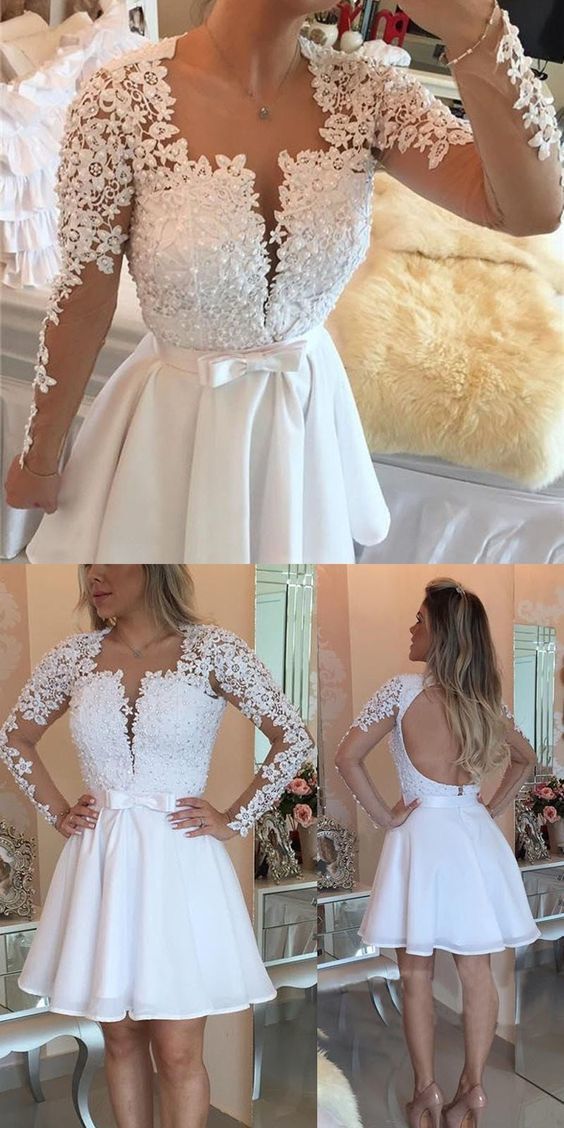 Short white party dresses, mini open back long sleeves homecoming dresses, sexy deep v-neck lace party dresses cg265