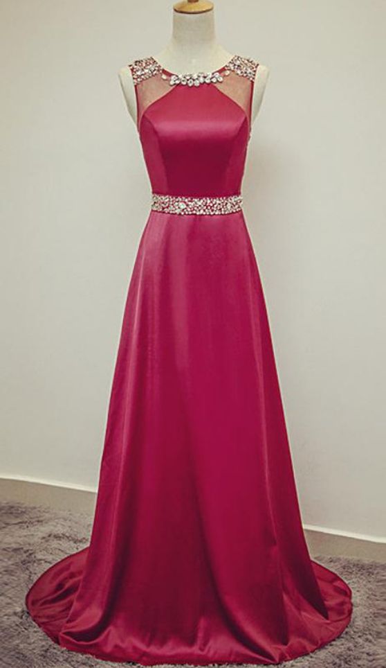 Sheer Neck Crystal Beaded Satin Evening Dress Floor Length Formal Dress For Party Custom Made  cg2651