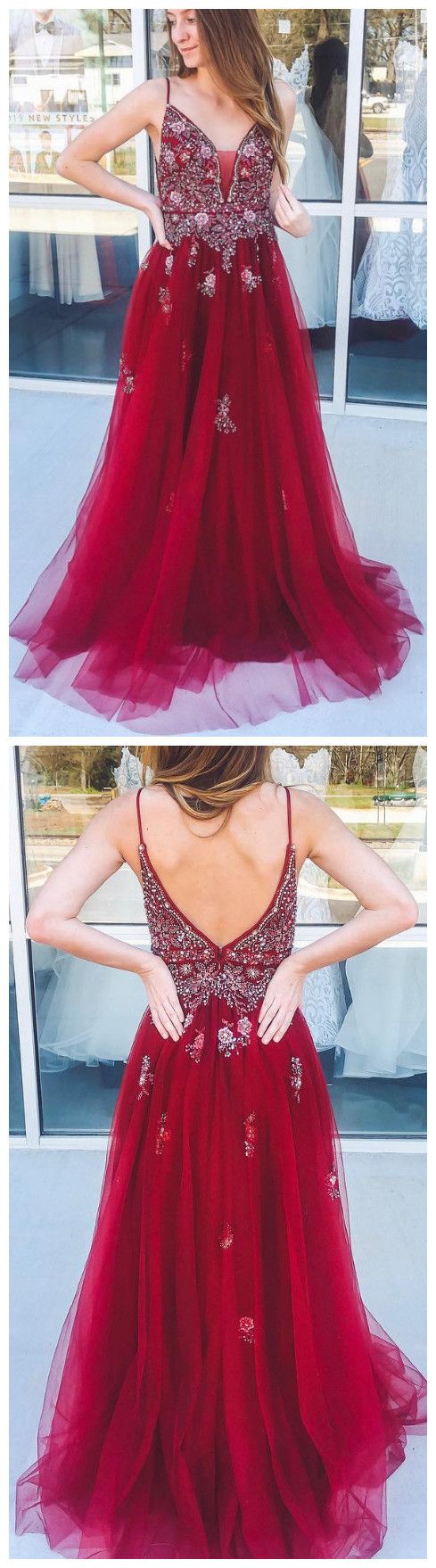 Charming V neck Open Back Red Tulle Long Prom Dress with Spaghetti Straps, Red Evening Dress cg2652