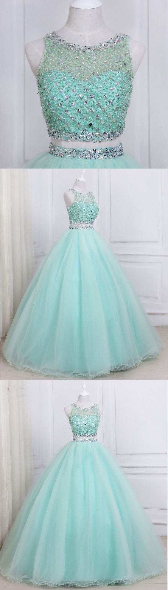 New Arrival Green Tulle Two Piece Prom Dress with Crystal cg2671