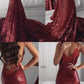 Burgundy Sequin Mermaid Prom Dresses Appliques V Neck Open Back cg2682