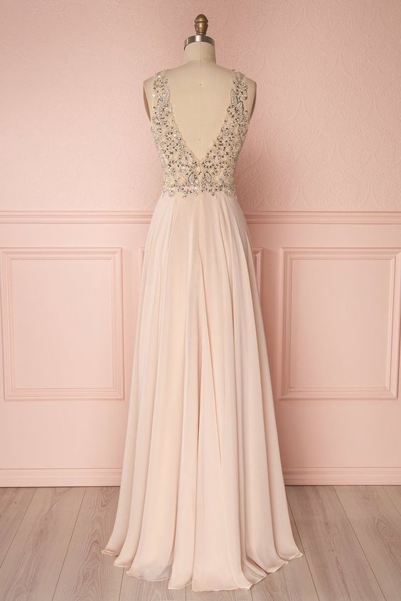 Pink v neck beads sequin long prom dress, pink evening dress cg2707