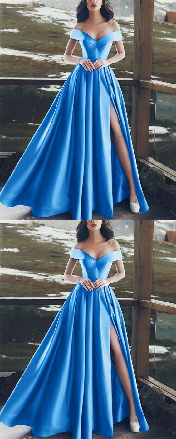 Light Blue Satin Off Shoulder Long Prom Dresses 2020 cg2740