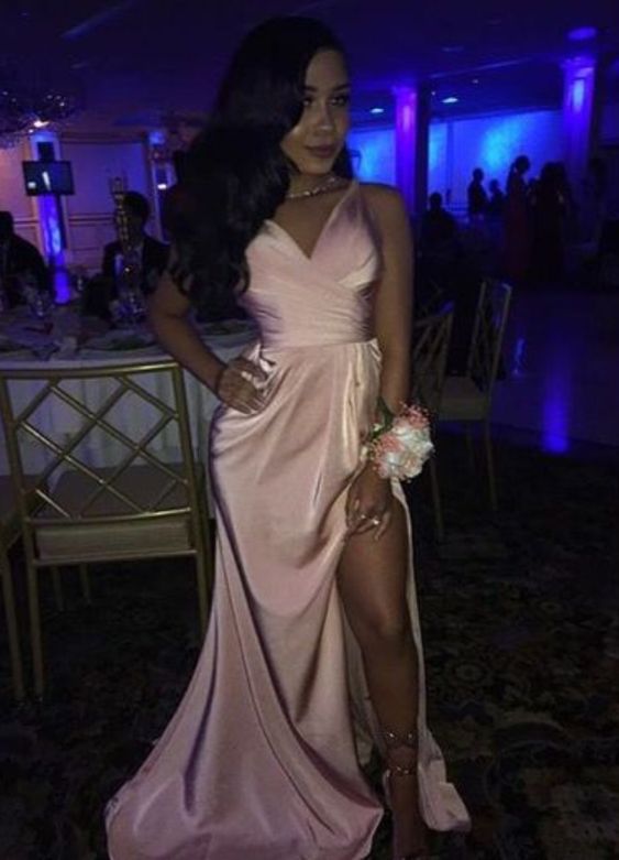 Pretty Straps Pink Long V-Neck Long Satin Prom dress cg2746