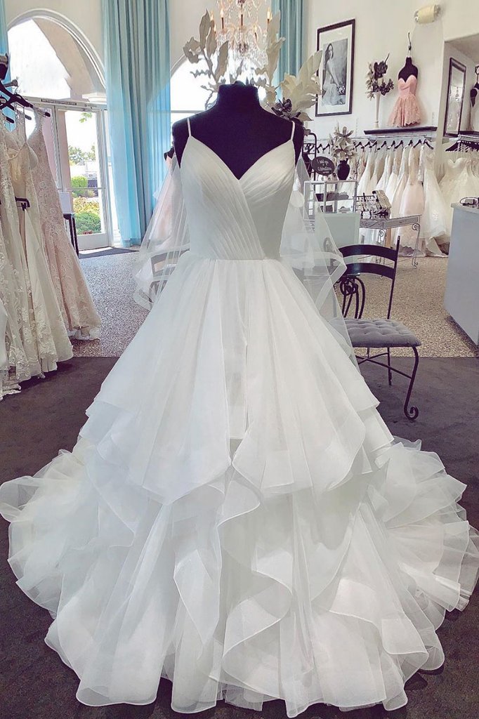 WHITE V NECK TULLE LONG PROM DRESS, WHITE WEDDING DRESS cg2754