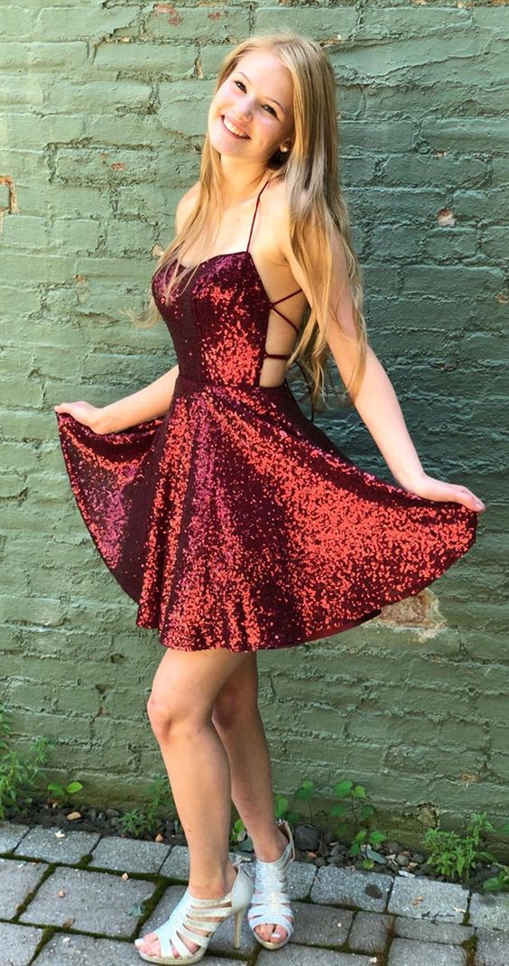 A Line Criss Cross Straps Back Burgundy Sequins Homecoming Dress cg2780