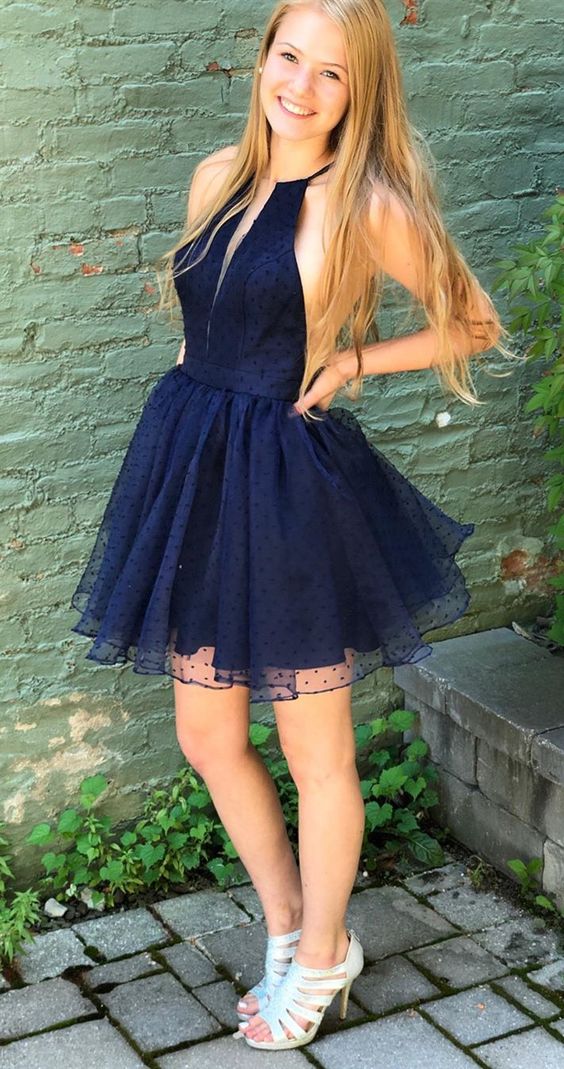 A Line Jewel Sleeveless Navy Blue Short Homecoming Dress cg2838