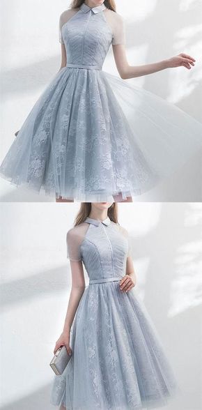 Unique Grey Tulle Homecoming Dress, A-Line See Through Short Sleeves Dress, Elegant Party Dress  cg290