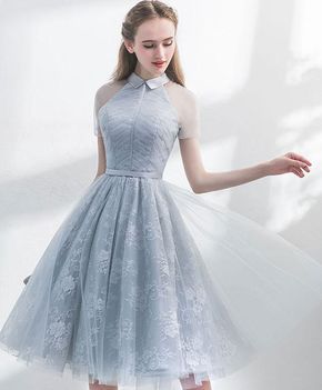 Unique Grey Tulle Homecoming Dress, A-Line See Through Short Sleeves Dress, Elegant Party Dress  cg290