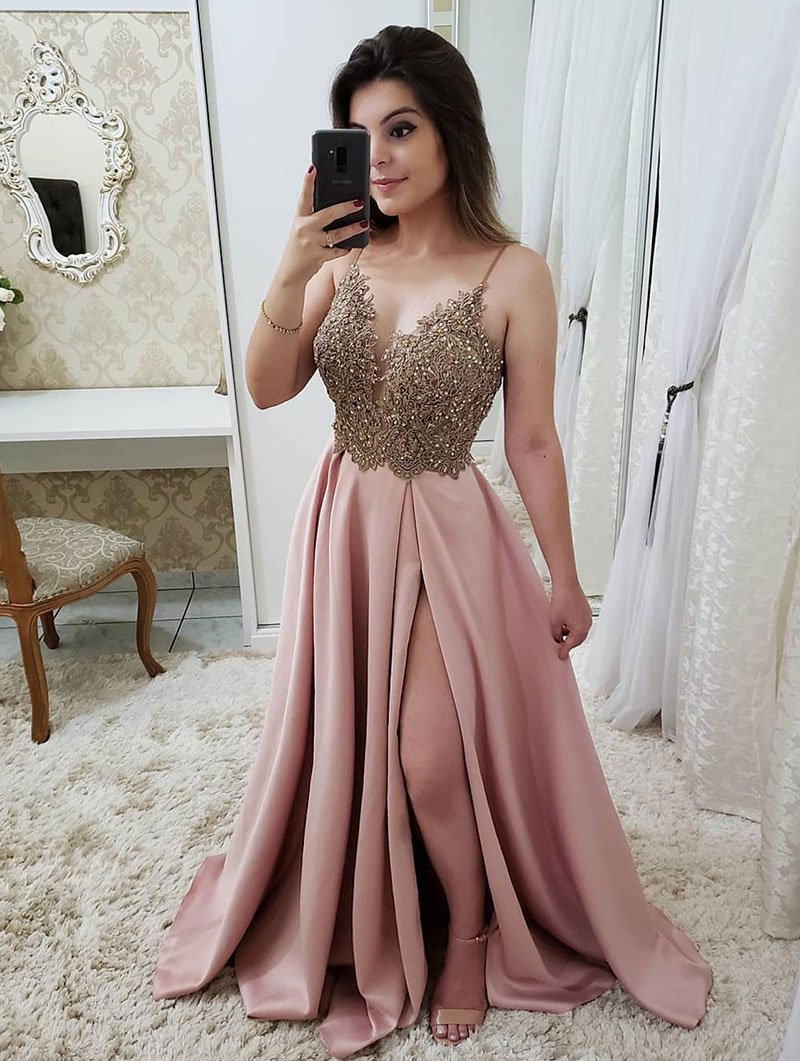 Pink v neck lace satin long prom dress, pink evening dress cg2936