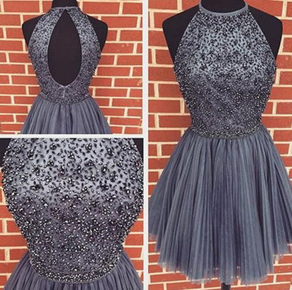 A-line Gray Halter High Neck Beaded Short Dress,Tulle Homecoming Dress cg294