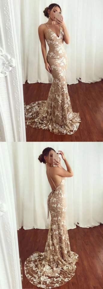 Mermaid v neck lace long prom dress, evening dress cg2984