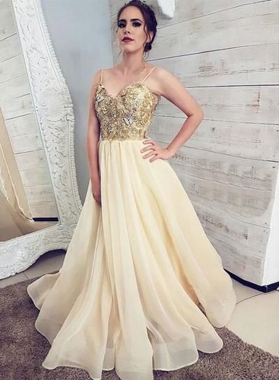 Princess Tulle Champagne Spaghetti Straps Long Prom Dress, Evening Dress  cg3004