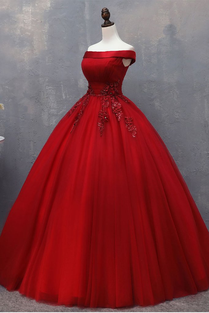 BURGUNDY TULLE OFF SHOULDER LONG PROM DRESS, BURGUNDY FORMAL DRESS cg3103