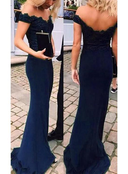 Beautiful Navy Blue Mermaid Evening Dress, Off Shoulder prom Dress cg3168