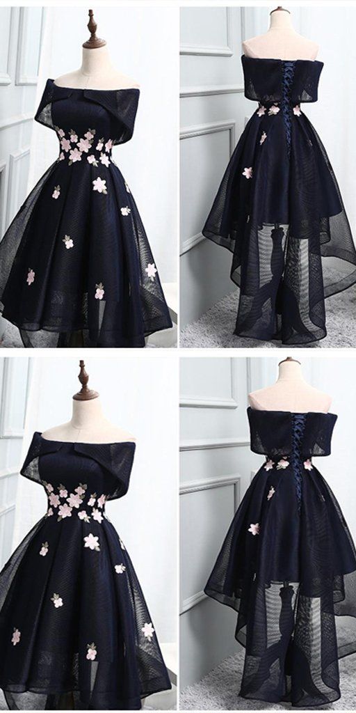 Off-the-Shoulder Black Organza Homecoming Dresses With Handmade Flower , Short homecoming Dresses cg32