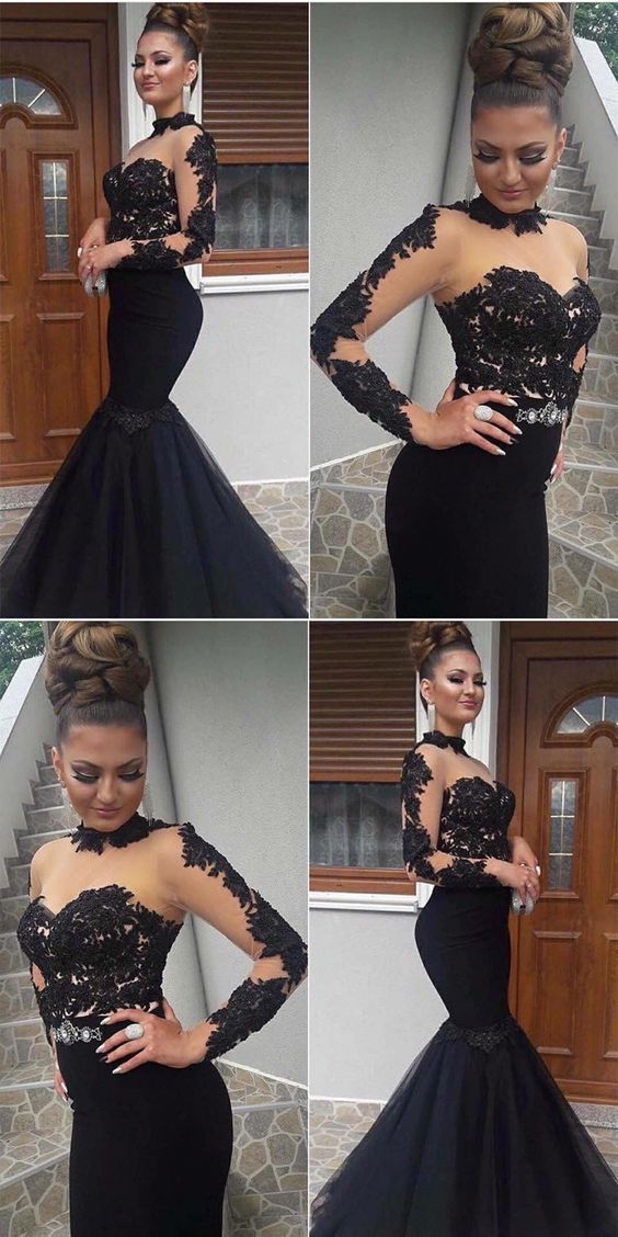 long sleeves mermaid evening dress, elegant black long prom dress, lace appliques formal dress  cg3257