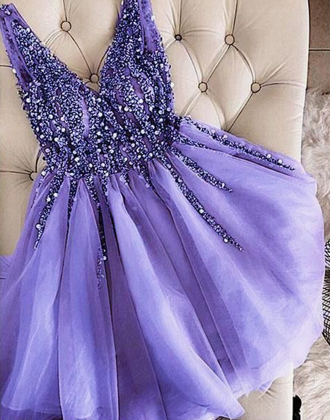 V-Neck Beaded Short Lavender Homecoming Dress Custom Made Cute Cocktail Party Dress cg3297