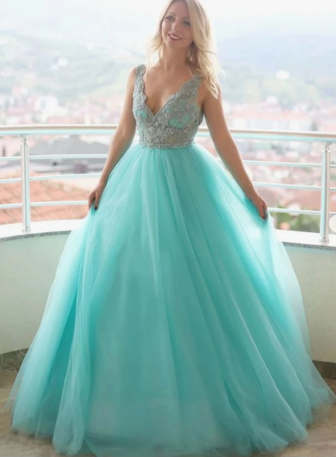 Stylish v neck tulle lace long prom dress, evening dress cg3331