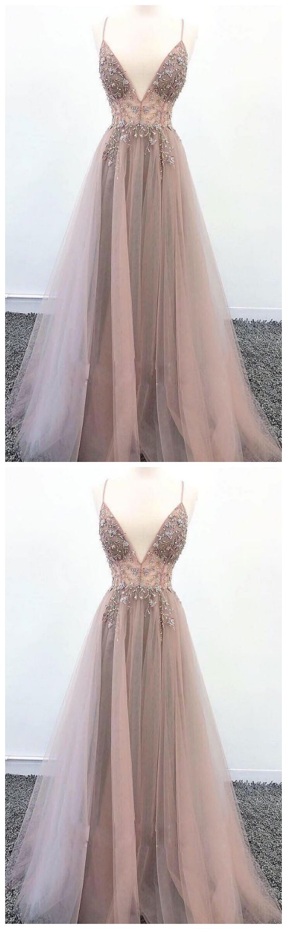 v neck tulle long prom dress, champagne evening dress cg3384