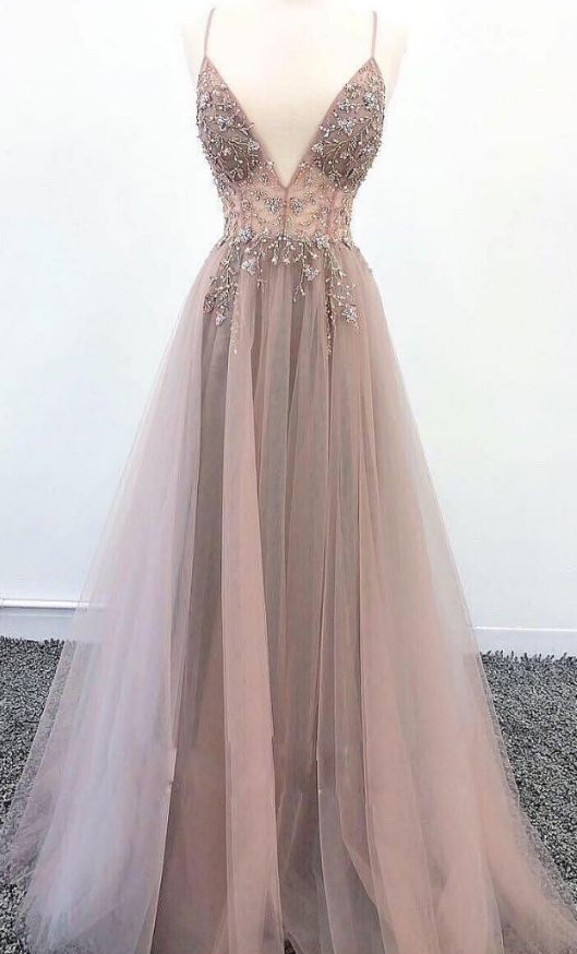 v neck tulle long prom dress, champagne evening dress cg3384