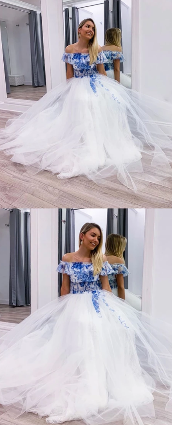 White tulle off shoulder long prom dress, white tulle formal dress cg3443