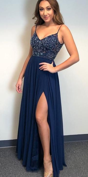 Fashion Spaghetti Straps Backless A-line Navy Long Prom Dress, High Slit Beading Evening Party Gown cg3451