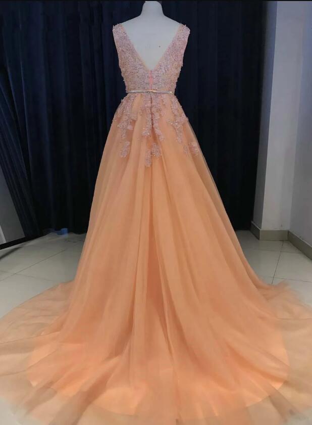 Charming Prom Dresses V-Neck Gold Sash, A-Line Sweep Train Long Evening Dress cg3516